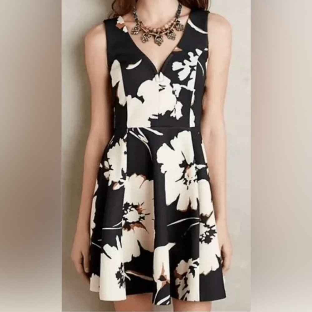 Anthropologie Maeve Amory Black Ivory Floral Fit & Flare Dress Size 4 Classic